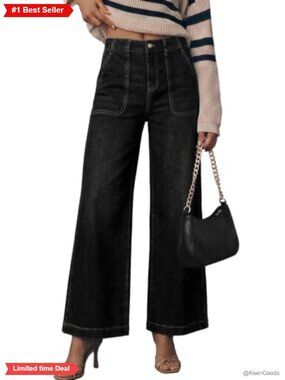 Wide Leg High Waisted Baggy Stretch Denim Jeans Big Pockets